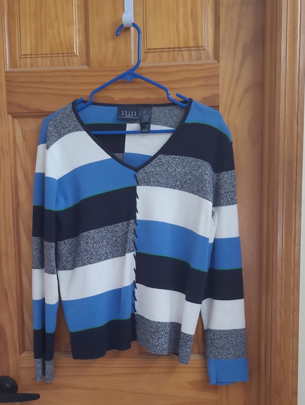 Cozy Striped V-Neck Sweater by St. John Blue, Black & White